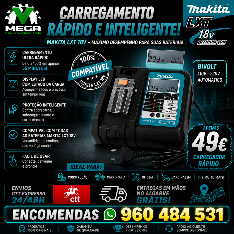 Carregador rápido Makita LXT 14,4 - 18V Lítio-ion Makita DC18RC Digital